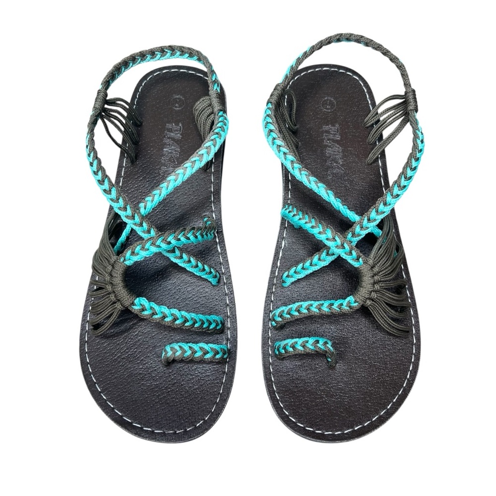 Plaka Soulmate Braided Vegan Handmade Strap Sandals Turquoise/Brown, Women’s 7